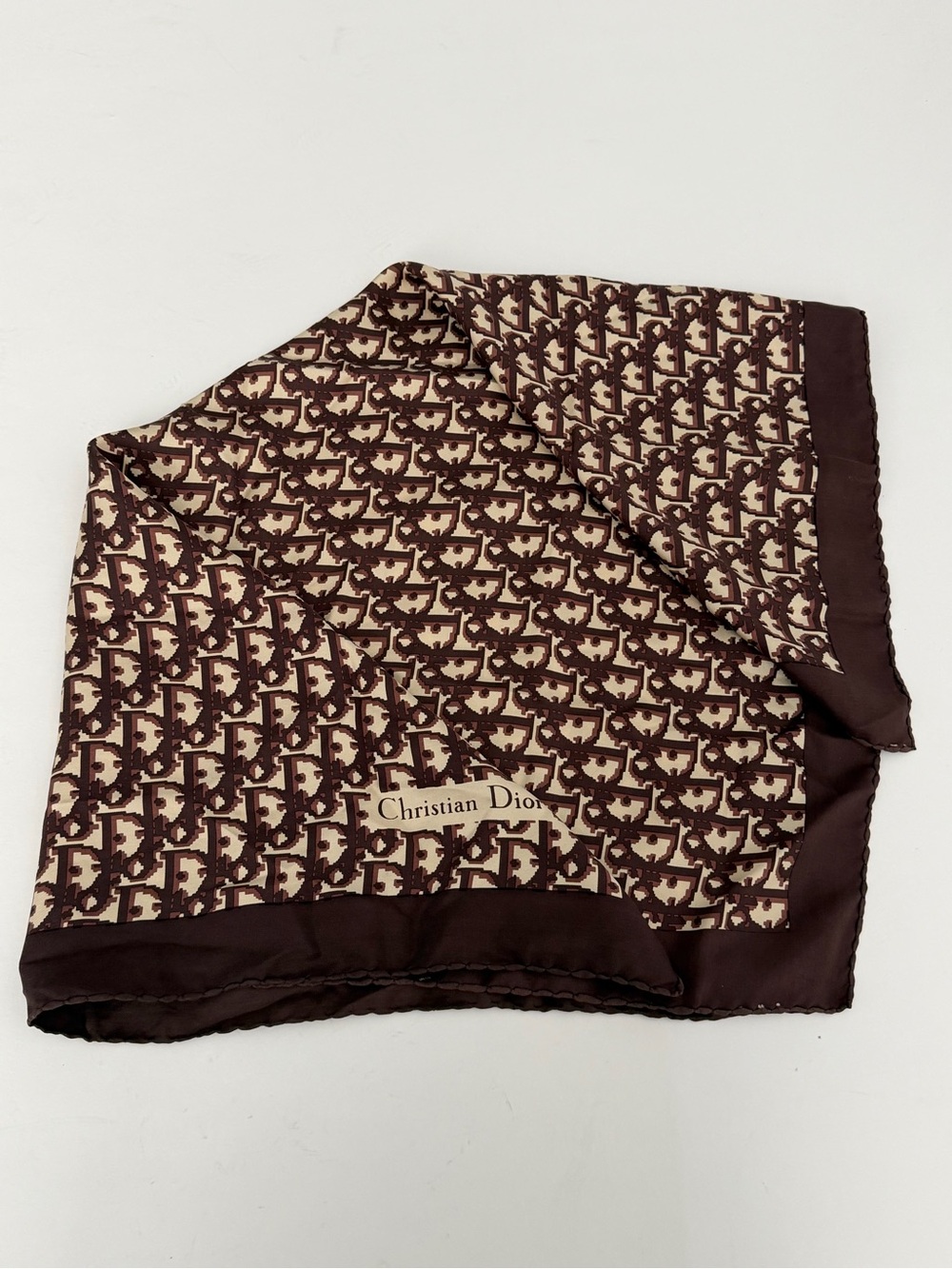 Vtg Christian Dior logo Silk Patterned Brown & Cream Scarf